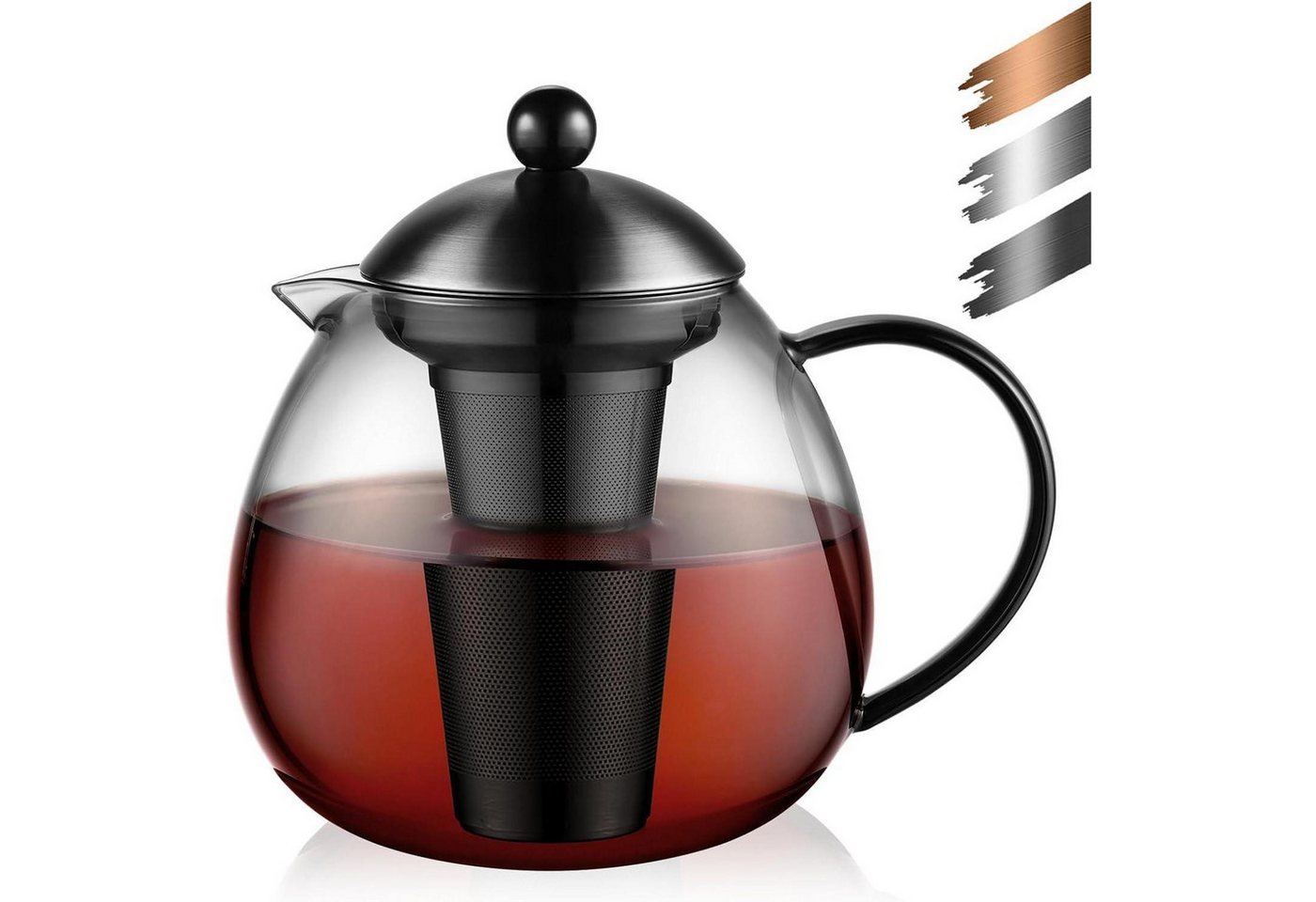 LuxusKollektion Kochbesteck-Set Teekanne Glas Schwarz 1500ml Edelstahl Teesieb Typ7 Schwarz Teekanne von LuxusKollektion