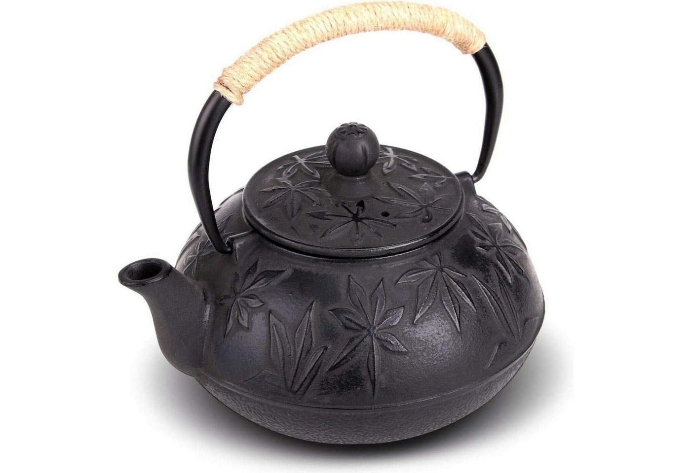 LuxusKollektion Kochbesteck-Set Teekanne Gusseisen Teekessel Edelstahlsieb 800ml Schwarz Ahornblätter von LuxusKollektion