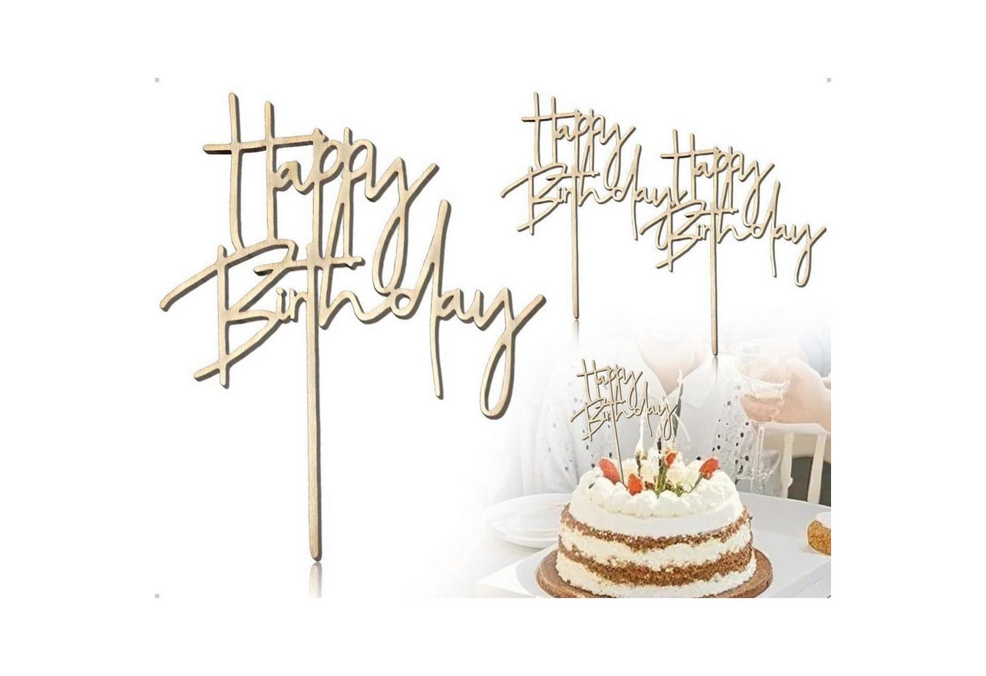 LuxusKollektion Kochbesteck-Set Tortendeko Cake Topper Happy Birthday Acryl Cupcake Holzfarbe Satz 3 2 von LuxusKollektion