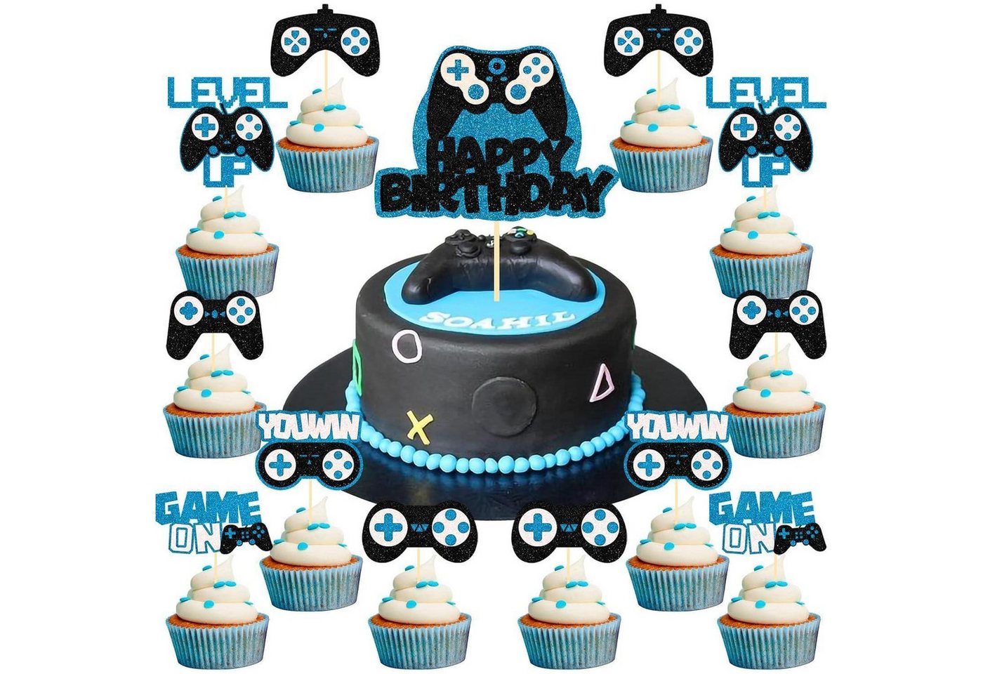 LuxusKollektion Kochbesteck-Set Tortendeko Geburtstag Junge Videospiel Gamer Topper Blau von LuxusKollektion