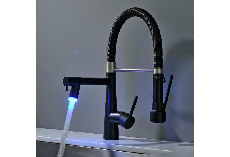 LuxusKollektion Küchenarmatur LED Schwarz Wasserhahn Küche mit Schloss Brause Ausziehbar von LuxusKollektion