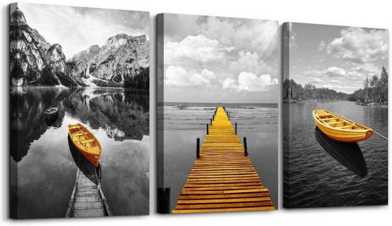 hyidecorart Kunstdruck Bild Landschaft Natur Wandbild Grau Gelb Nordischer Boot modern 40x30 von hyidecorart