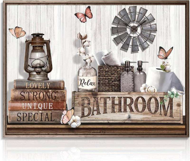 Dazzlewall Kunstdruck Rustikales Badezimmer Wandbild Baumwolle Blume Schmetterling 30x40 cm von Dazzlewall