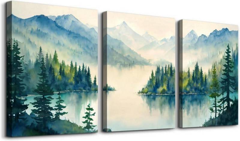 MHARTK66 Leinwandbild Aquarell Blaugrün Wald Leinwand Bilder Set 30cm x 40cm x 3 von MHARTK66