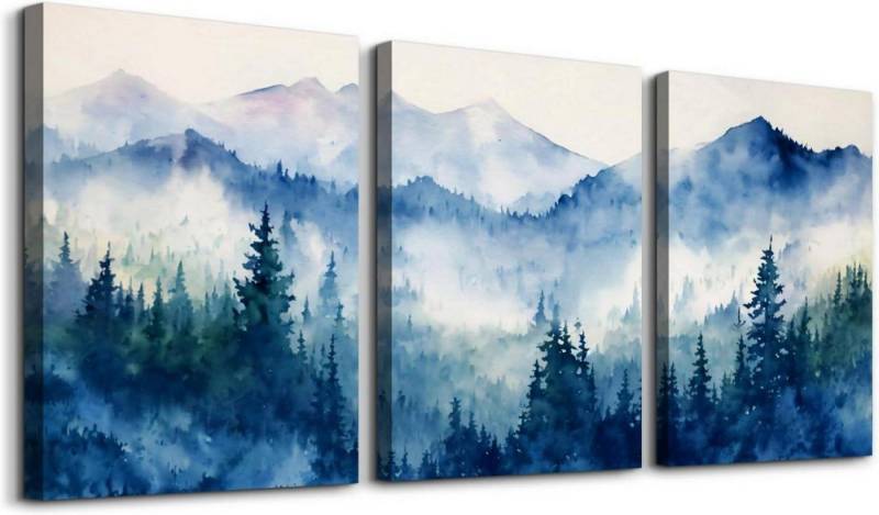 MHARTK66 Leinwandbild Aquarell Wald Leinwand Bilder Set Blau Grün Berge 30x40cm x 3 von MHARTK66