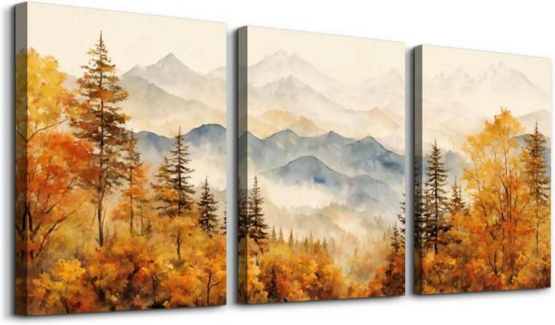 MHARTK66 Leinwandbild Aquarell Wald Leinwandbilder Set Herbst Berglandschaft Gelb 30cm x von MHARTK66