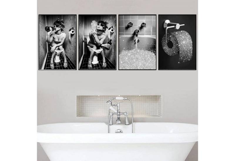 LYBOHO Leinwandbild Badezimmer Leinwandbild Schwarz Weiß Set Vintage Dame Poster 4er-Set von LYBOHO