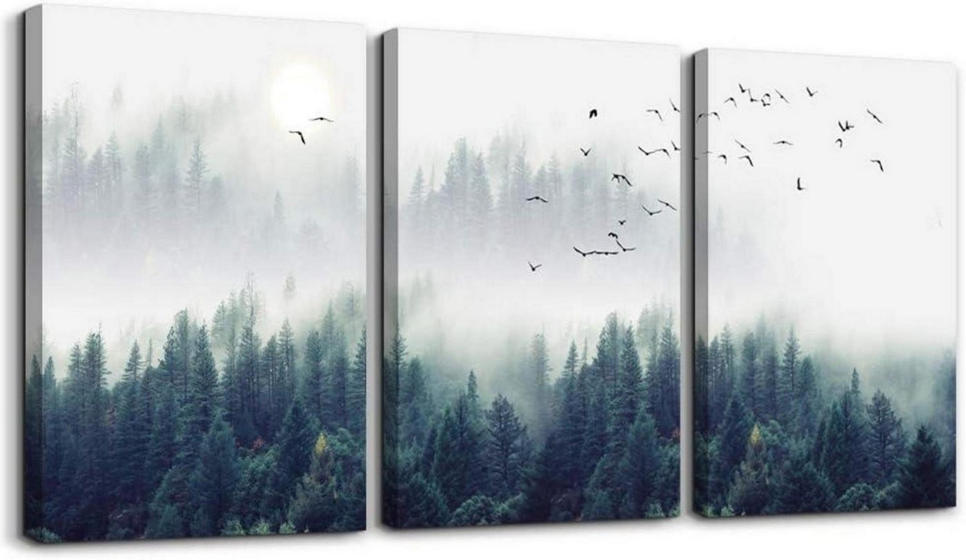 hyidecorart Leinwandbild Nebelwald Leinwand Bilder Vögel Modern Wanddeko 30CM*40CM*3Stück von hyidecorart