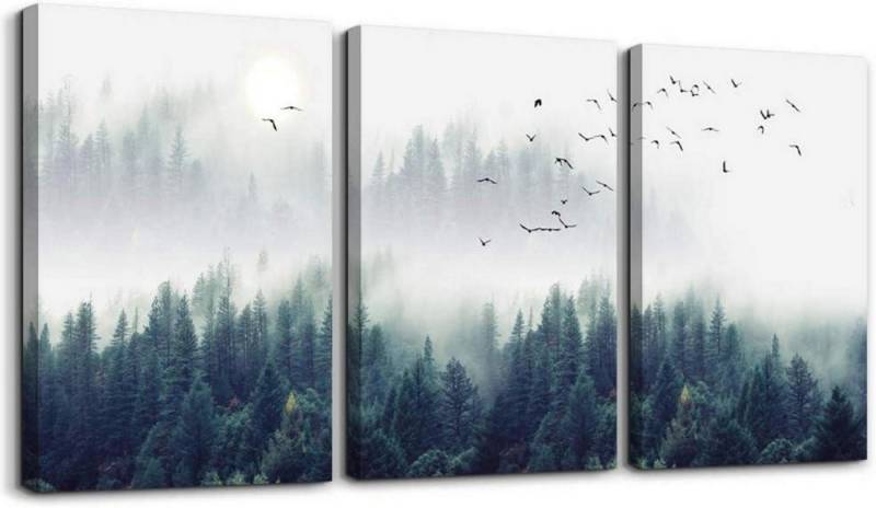 hyidecorart Leinwandbild Nebelwald Leinwand Bilder Vögel Modern Wanddeko 30CM*40CM*3Stück von hyidecorart