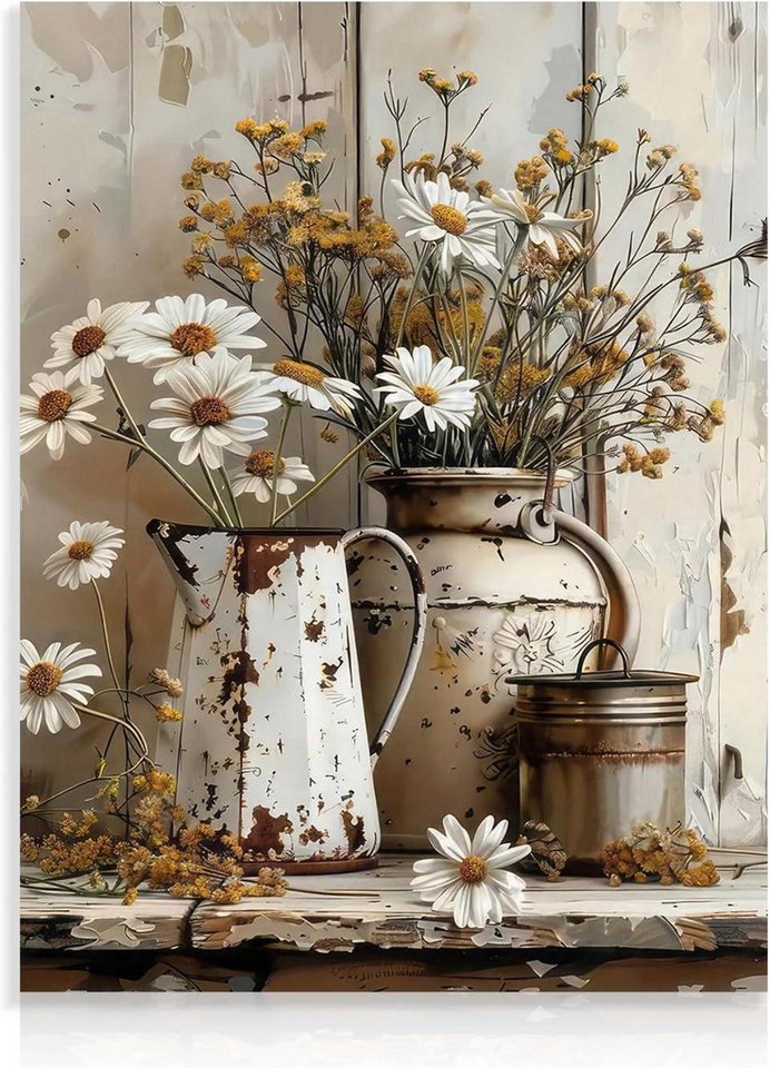 Dazzlewall Leinwandbild Rustikales Gänseblümchen Blumen Wandbild Vintage Land Leinwand von Dazzlewall