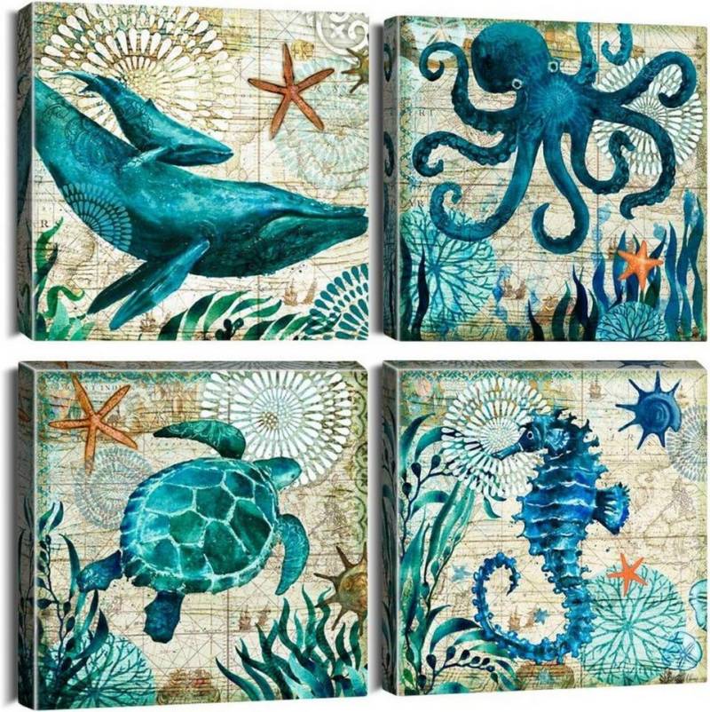 Artscope Mehrteilige Bilder 4-teiliges Leinwandbild Blauer Ozean Kreatur Motiv - Moderne von Artscope