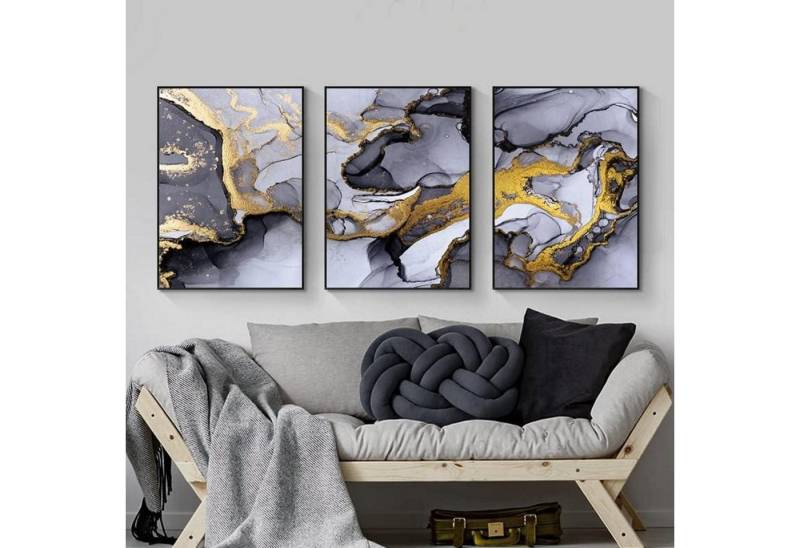 LYBOHO Mehrteilige Bilder Wandbilder Wohnzimmer Grau Golden Fluid Art Marmor Abstrakte von LYBOHO