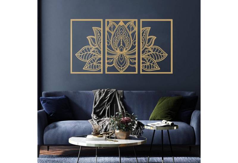 ESTART Metallbild Großes 3-teiliges Lotussymbol Metall-Wanddeko-Set 110cm x 56cm Gold von ESTART