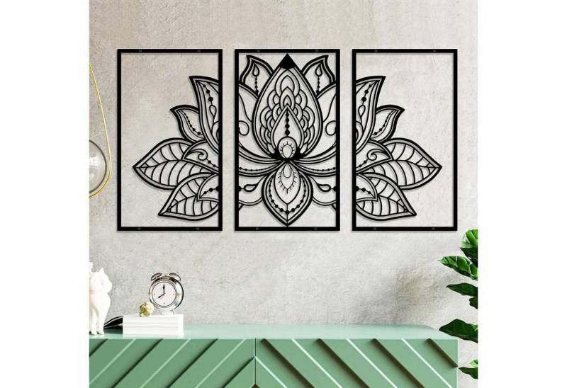 ESTART Metallbild Großes Lotus-Blume Metall Wanddeko 3-teilig Schwarz 110x56cm von ESTART