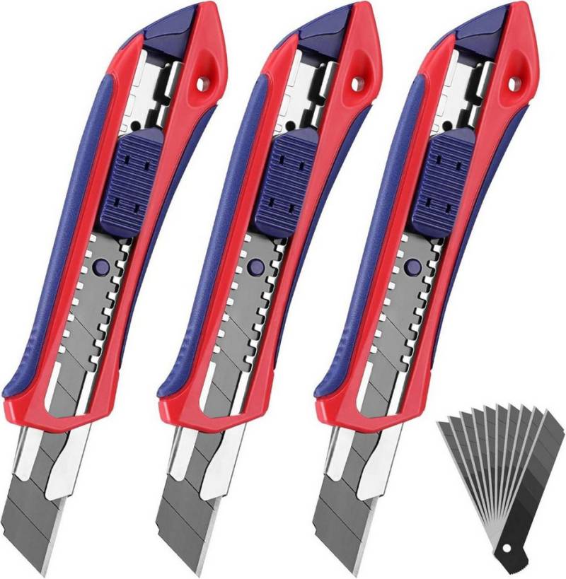 LuxusKollektion Multitool 3 Stück Cuttermesser Set 18mm mit 10 Ersatzklingen SK5 Gummigriff von LuxusKollektion