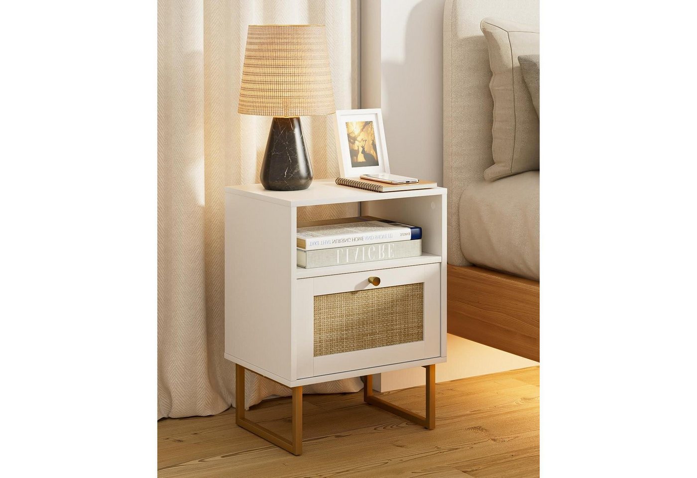 LuxusKollektion Nachttisch Nachttisch Boho Rattan Beistelltisch Extra groß Weiß und Natur von LuxusKollektion