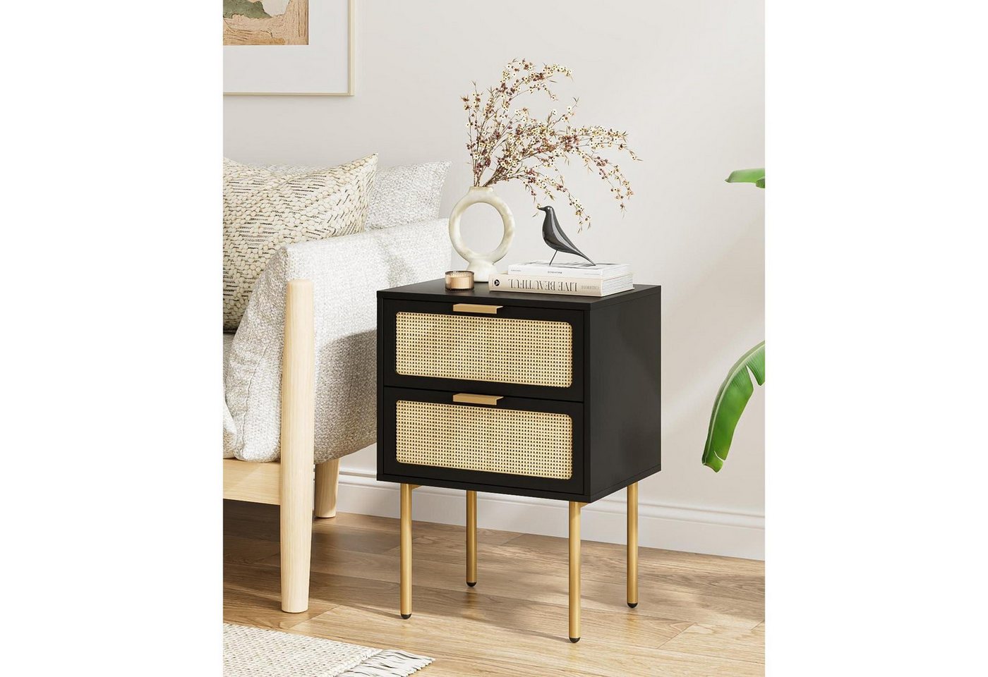 LuxusKollektion Nachttisch Nachttisch Rattan 2 Schubladen Kommode Schwarz-doppelschublade von LuxusKollektion
