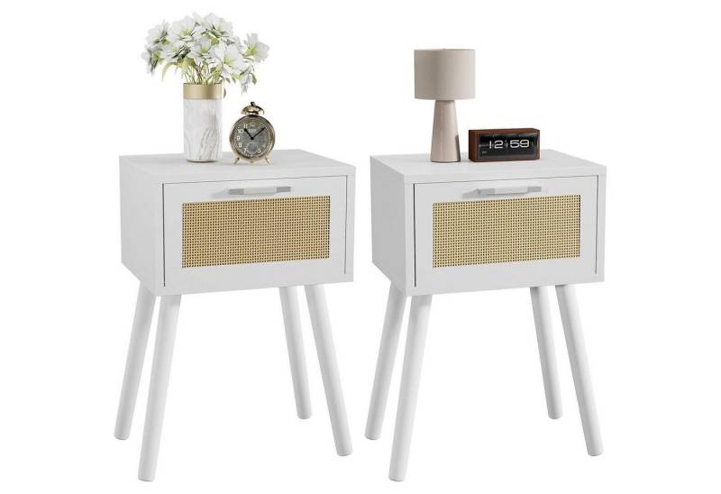 LuxusKollektion Nachttisch Nachttisch Rattan 2er Set Magnetschublade Massivholzbeine Weiß 2 von LuxusKollektion