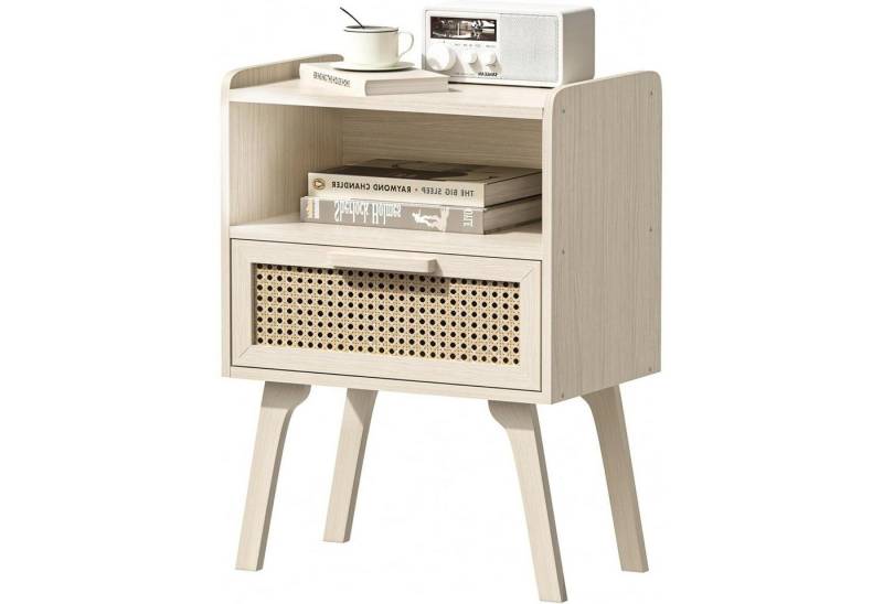 LuxusKollektion Nachttisch Nachttisch Rattan kleiner Holz Schublade Massivholz 1 Set Gray Weiß von LuxusKollektion