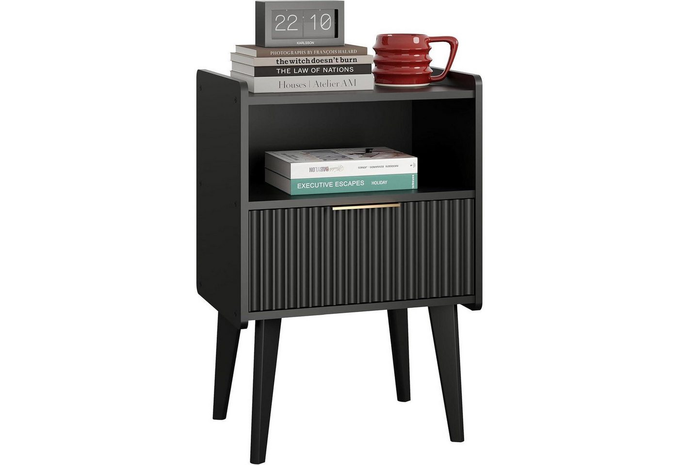 LuxusKollektion Nachttisch Nachttisch Stauraum Metallgriffe Midcentury Einzelne Schublade schwarz von LuxusKollektion