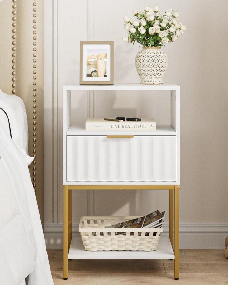LuxusKollektion Nachttisch Nachttisch Weiß mit Goldrahmen und Schublade, 3-Tier Endtisch von LuxusKollektion
