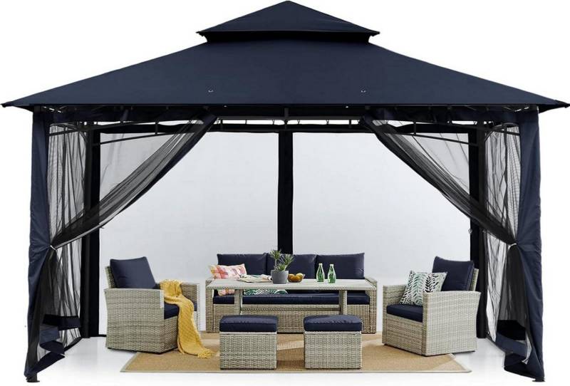 MasterCanopy Pavillon Gartenpavillon Doppeldach 3x3,6m Marineblau mit 4 Netzwänden von MasterCanopy