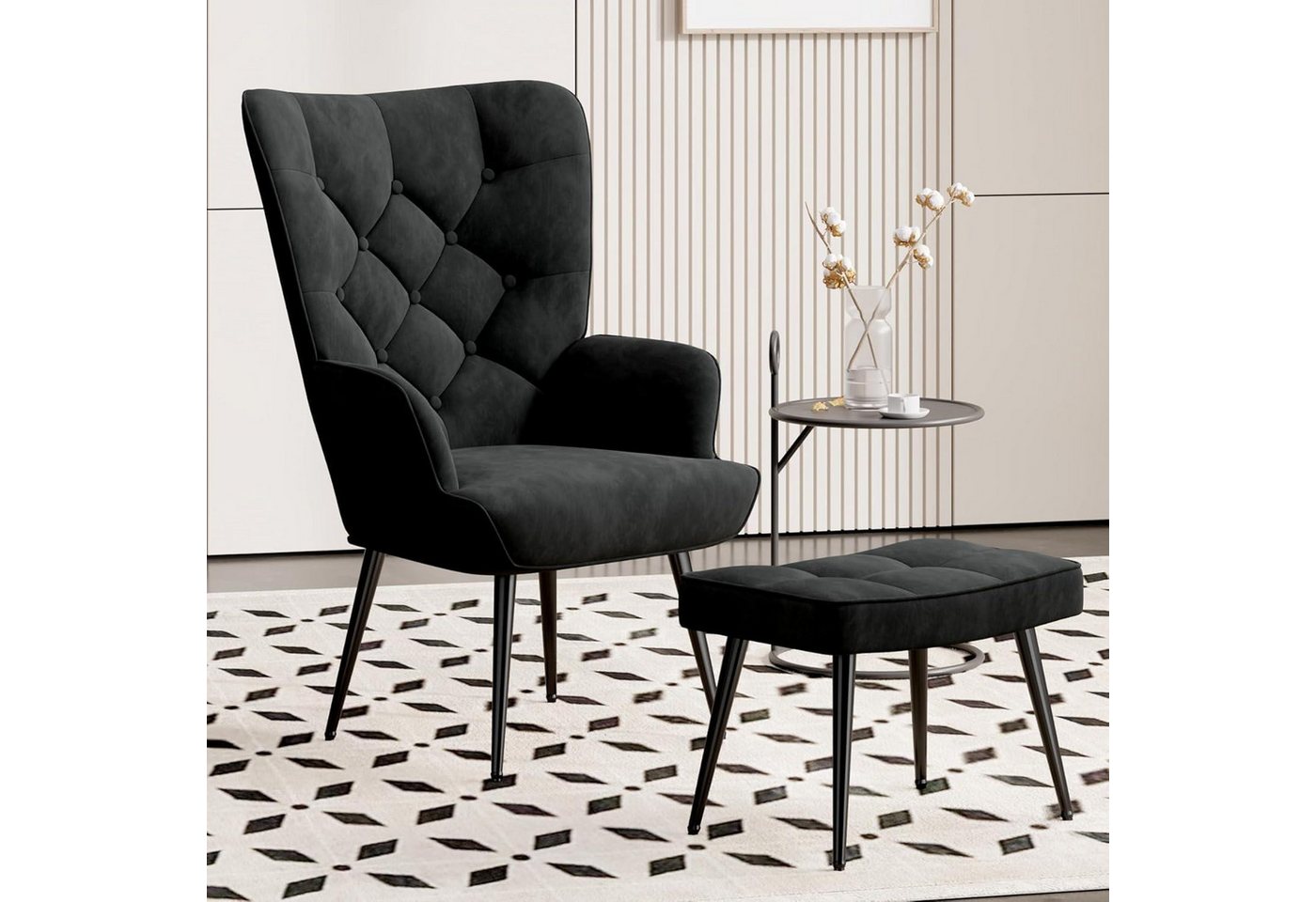 LuxusKollektion Polsterstuhl Sessel Polsterstuhl Hocker Metallbeine 150kg Schwarz mit Hocker von LuxusKollektion