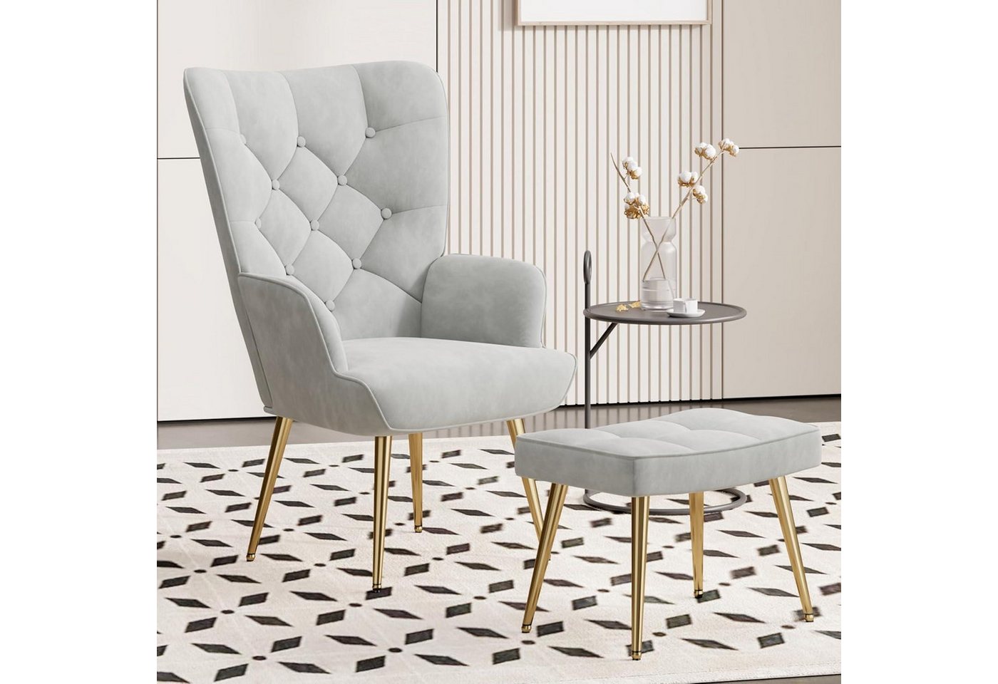 LuxusKollektion Polsterstuhl Sessel Polsterstuhl Hocker Metallbeine Wohnzimmer Graue mit Hocker LuxusKollektion Polsterstuhl Sessel Polsterstuhl Hocker Metallbeine Wohnzimmer Graue mit Hocker von LuxusKollektion