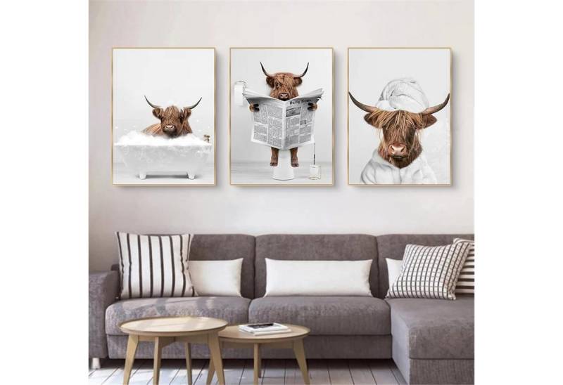 Trayosin Poster 3-teiliges Poster Set Hochland Kuh Badewanne Leinwand Malerei 21x30cm von Trayosin