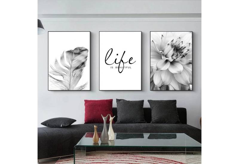 Trayosin Poster 3-teiliges Trayosin Aesthetic Poster Set Schwarz Weiß Feder Löwenzahn von Trayosin