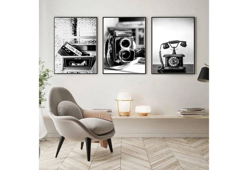 Trayosin Poster 3er Poster Set Schwarz Weiß Vintage Kameras Telefone Wandbilder von Trayosin