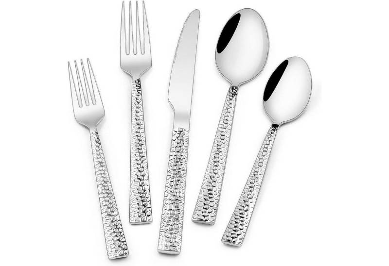 LuxusKollektion Salatbesteck Besteckset Edelstahl 30 teilig Messer Gabel Löffel gehämmertes Quadrat von LuxusKollektion