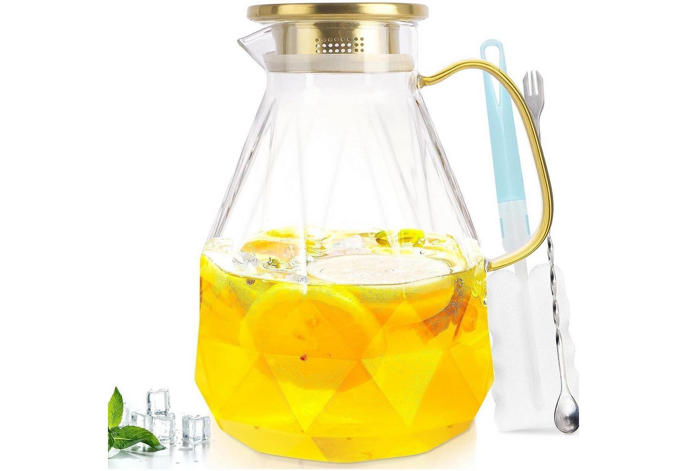 LuxusKollektion Salatbesteck Karaffe Borosilikatglas Diamant Design Deckel Wasserkrug 2.2Liter von LuxusKollektion