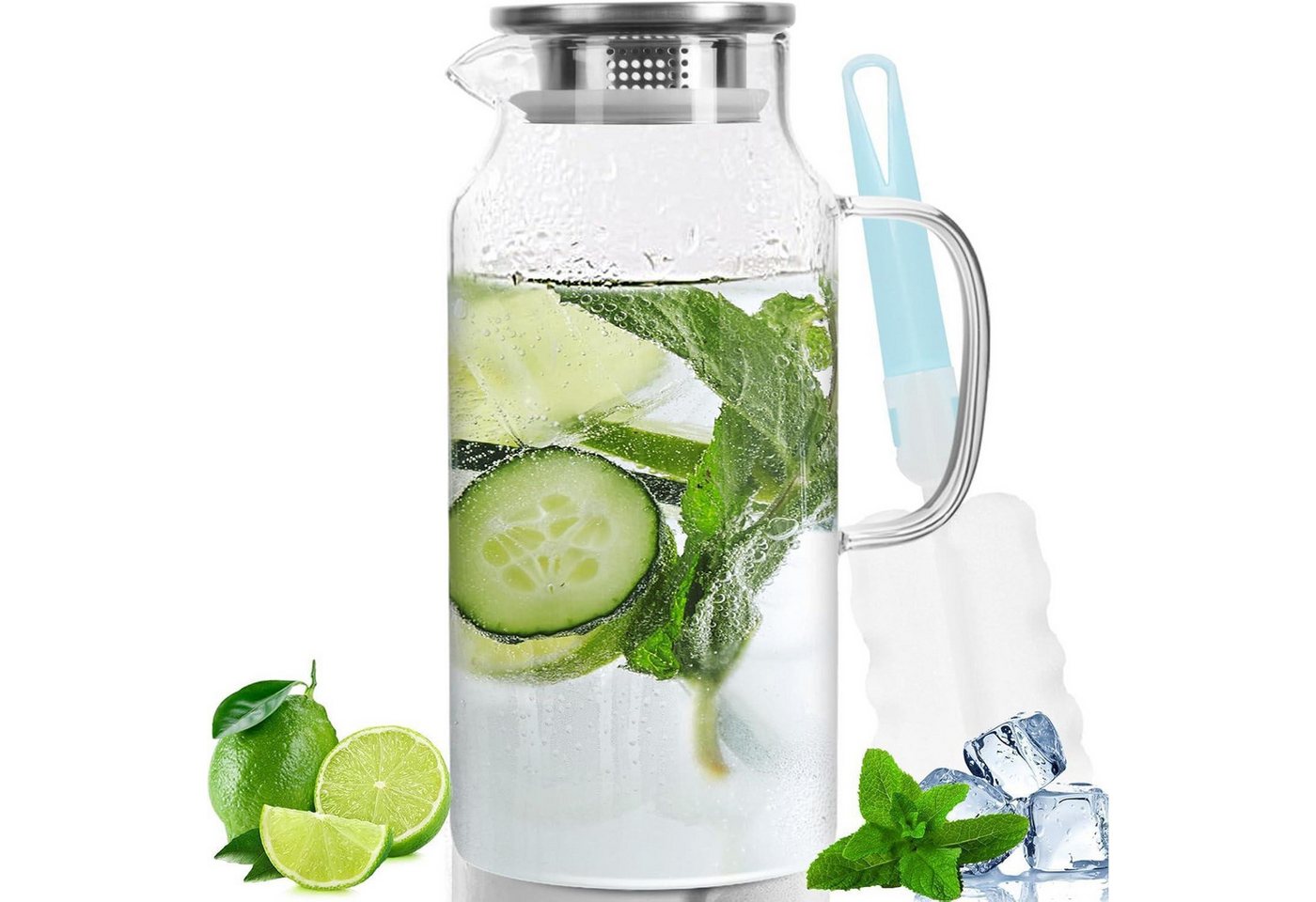 LuxusKollektion Salatbesteck Karaffe Glaskrug Deckel Eistee Saft Becherbürste 2Liter von LuxusKollektion