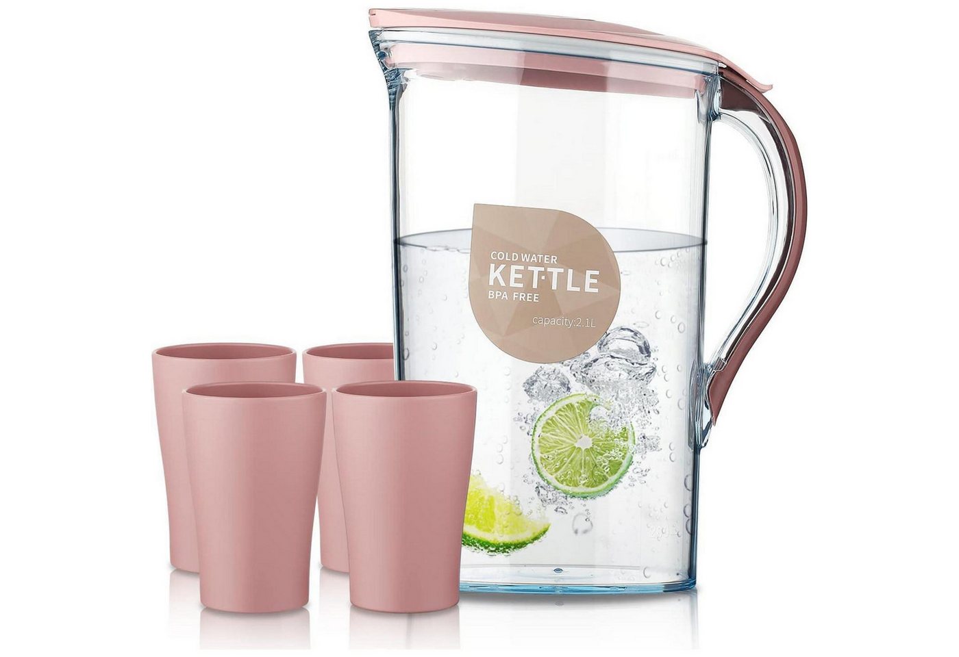 LuxusKollektion Salatbesteck Karaffe Wasserkrug Kühlschranktür Deckel 2,1L 6. Rosa + 4 Tassen von LuxusKollektion