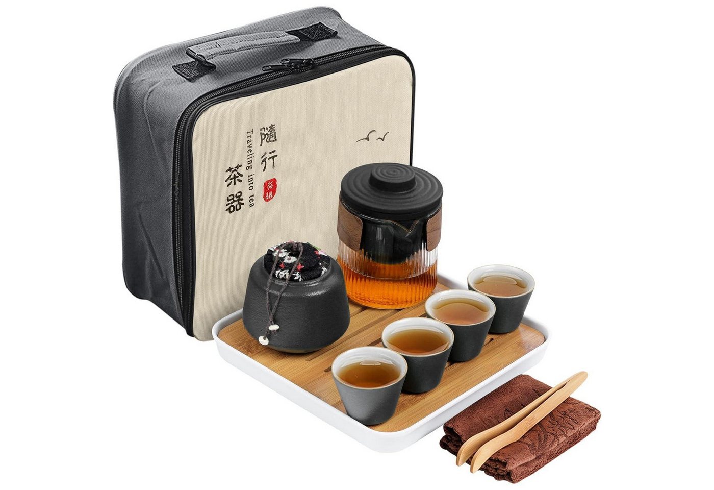 LuxusKollektion Salatbesteck Tee Set Porzellan Teekanne Teetassen Reisetasche Schwarz Braun von LuxusKollektion