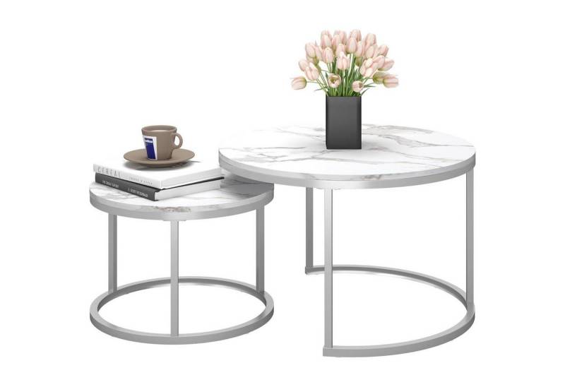 LuxusKollektion Satztisch Couchtisch rund Marmor Wohnzimmertisch 70x70x45 Silber & Marmor Weiß von LuxusKollektion