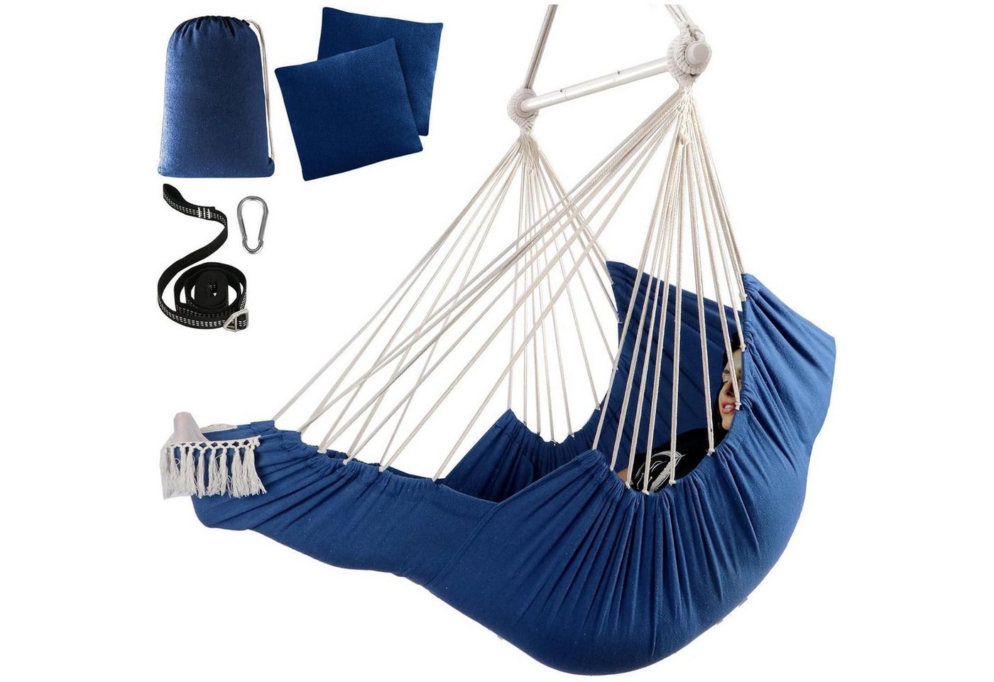 LuxusKollektion Schaukelstuhl Hängesessel Baumwollgewebe Spreizstange 2 Kissen Fußstütze Königsblau von LuxusKollektion