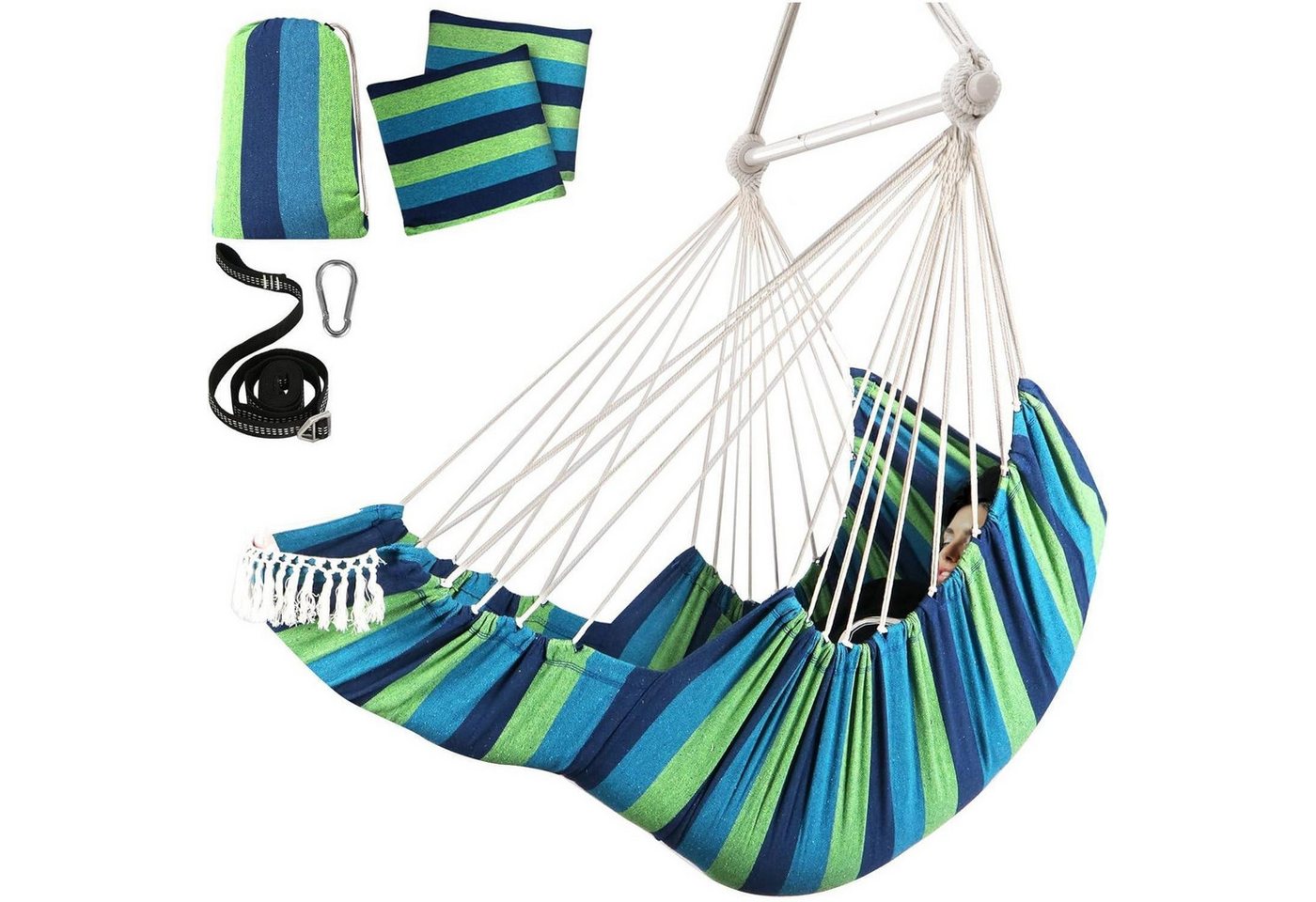 LuxusKollektion Schaukelstuhl Hängesessel Schaukel 2 Kissen Spreizstange Blau Grün Gestreift von LuxusKollektion