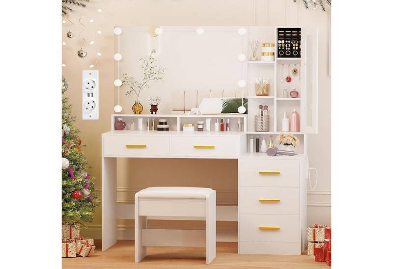 LuxusKollektion Schminktisch Großer Schminktisch LED-Beleuchtung & Steckdosen Weiß 140x115x40cm von LuxusKollektion