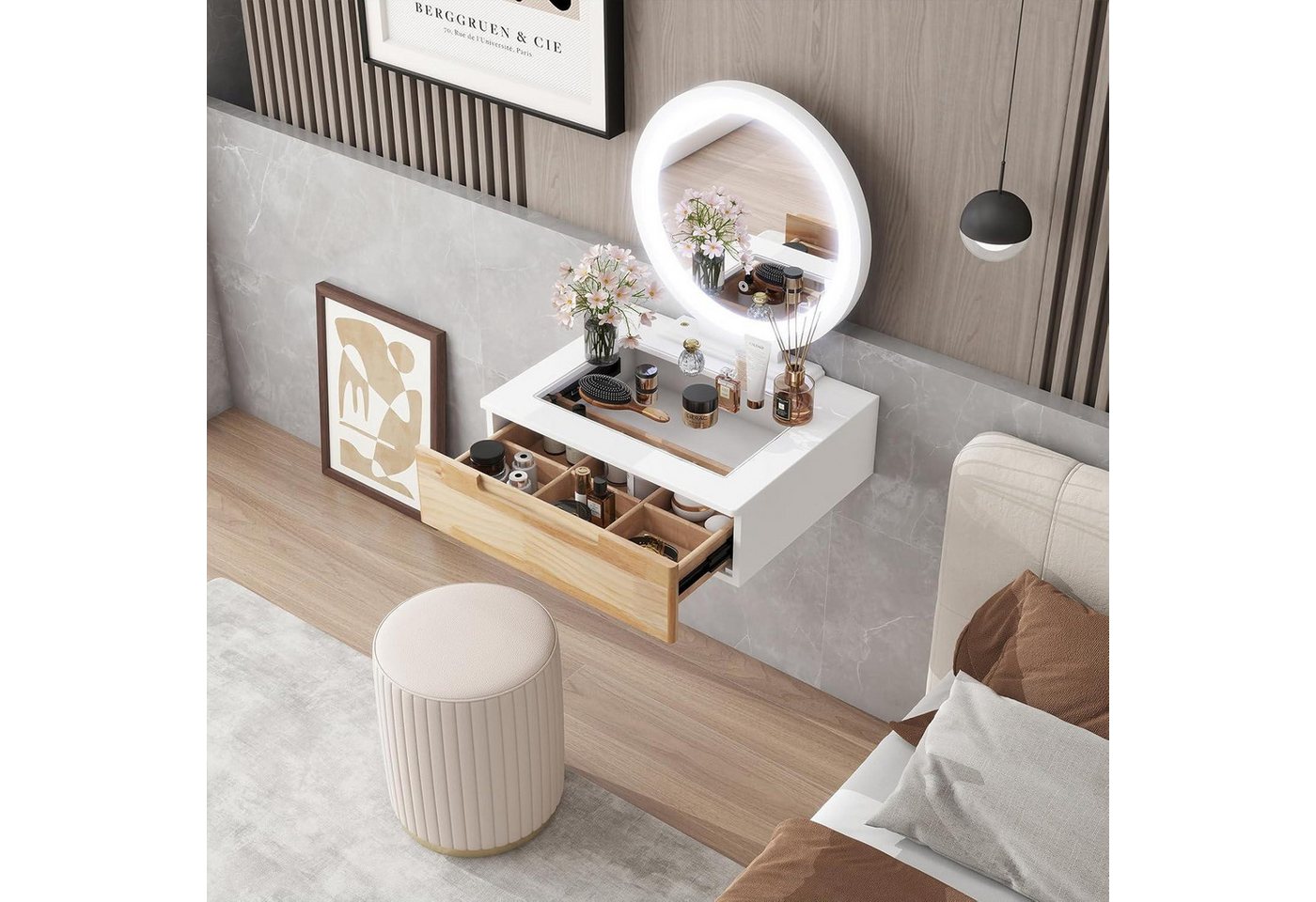 LuxusKollektion Schminktisch Schminktisch 50cm LED Spiegel Schubladen Glasplatte Eiche Wandmontage von LuxusKollektion