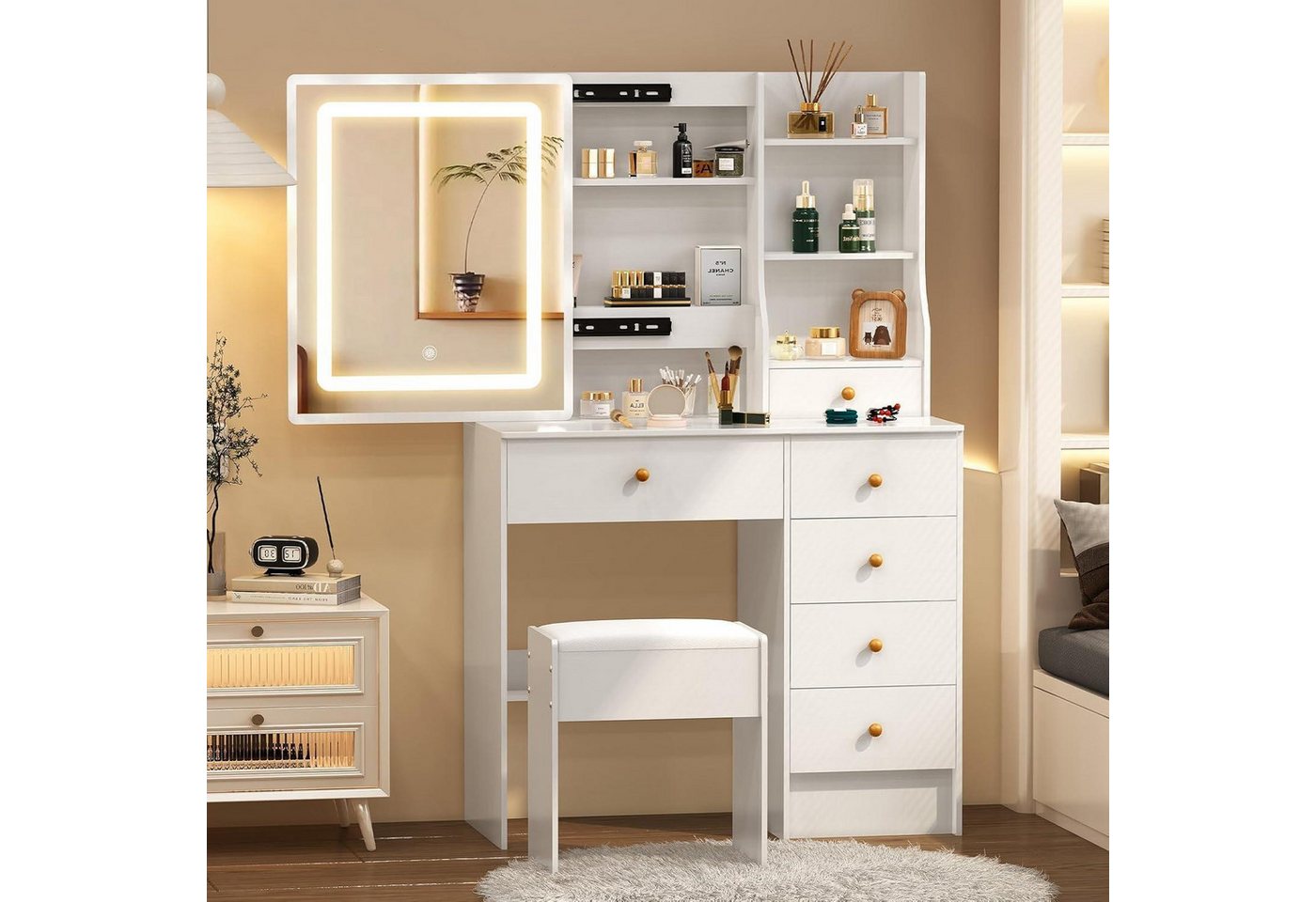 LuxusKollektion Schminktisch Schminktisch Beleuchtung Spiegel 6 Schubladen H91006 36 x 80 x 131cm von LuxusKollektion