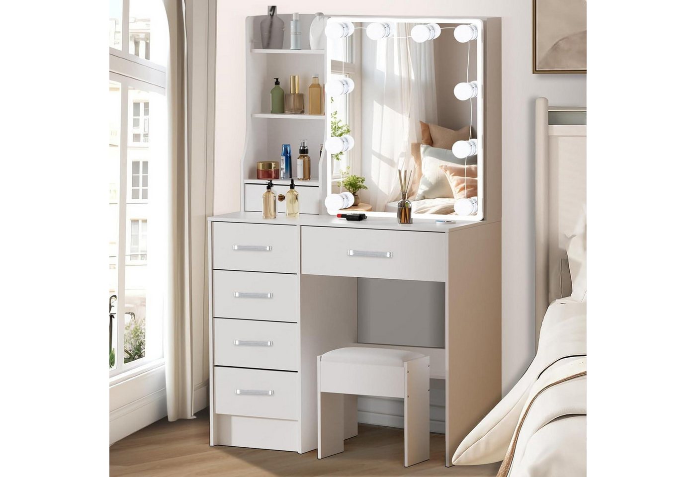 LuxusKollektion Schminktisch Schminktisch LED-Beleuchtung 10 Glühbirnen Weiß MDF 6 Schubladen 4 von LuxusKollektion