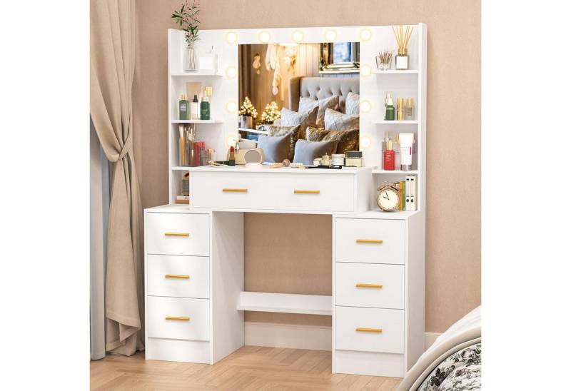 LuxusKollektion Schminktisch Schminktisch LED-Beleuchtung Spiegel Weiß Kosmetiktisch 7 Schubladen 8 von LuxusKollektion