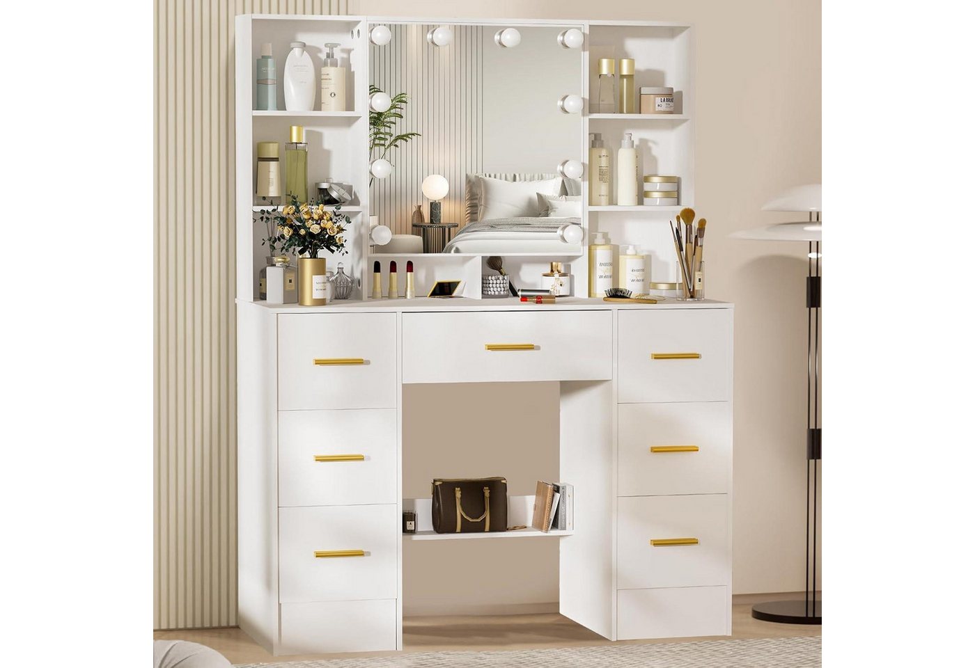 LuxusKollektion Schminktisch Schminktisch LED Spiegel dimmbar 7 Schubladen 8 Fächer SE40 von LuxusKollektion