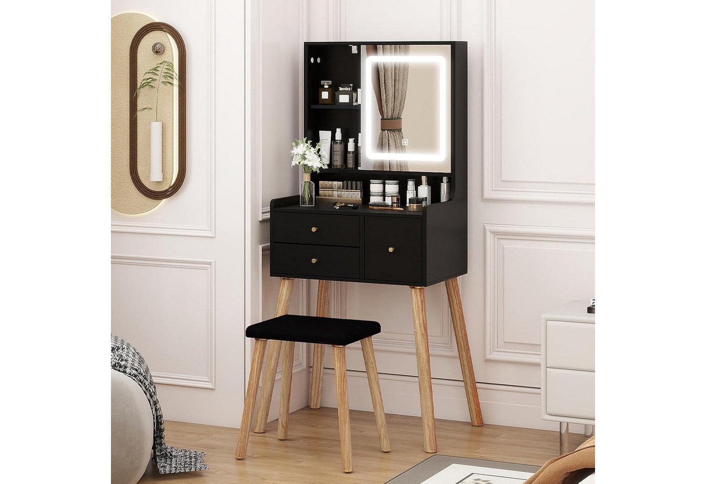 LuxusKollektion Schminktisch Schminktisch Spiegel LED 3 Schubladen 5 Regale 60cm Schwarz mit Stuhl LuxusKollektion Schminktisch Schminktisch Spiegel LED 3 Schubladen 5 Regale 60cm Schwarz mit Stuhl von LuxusKollektion