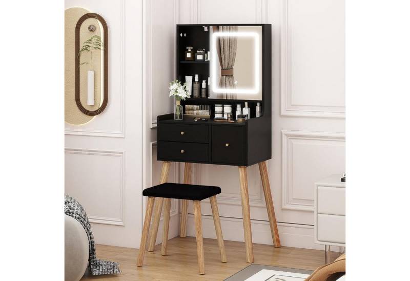 LuxusKollektion Schminktisch Schminktisch Spiegel LED 3 Schubladen 5 Regale 60cm Schwarz mit Stuhl von LuxusKollektion