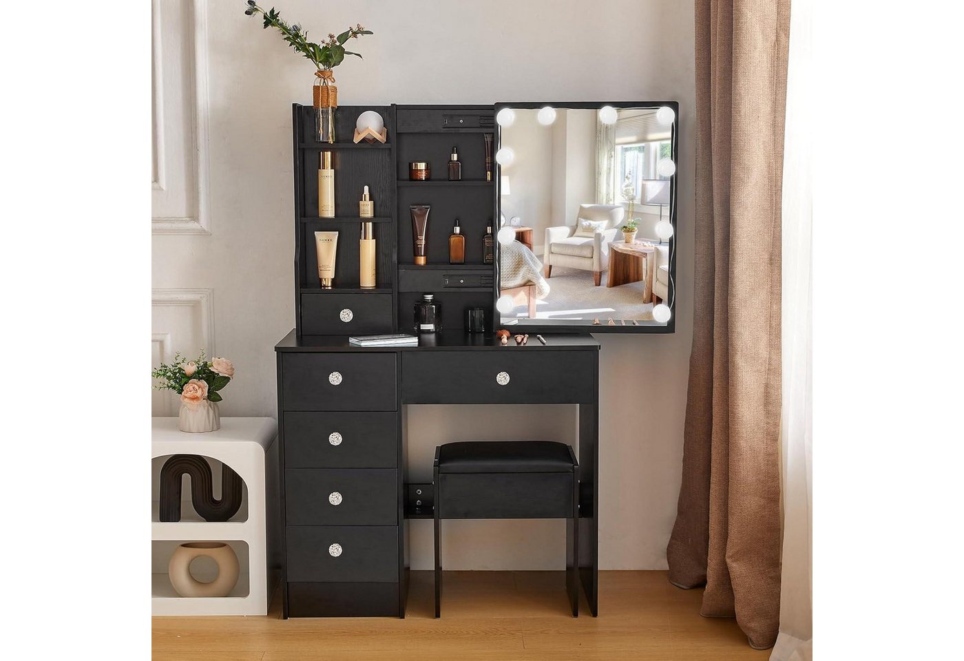 LuxusKollektion Schminktisch Schminktisch Spiegel LED Hocker 3 Farbtemperaturen Schwarz S33301217 von LuxusKollektion