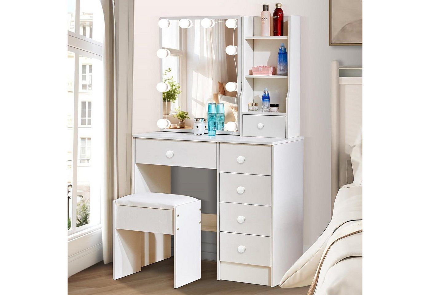 LuxusKollektion Schminktisch Schminktisch mit LED-Beleuchtung, Spiegel, 6 Schubladen, 3 Ablagen von LuxusKollektion