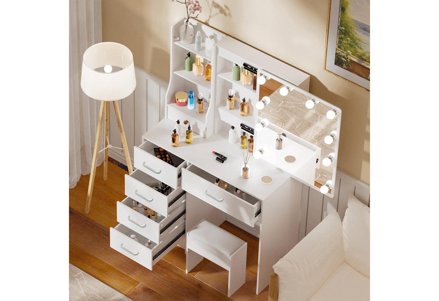 LuxusKollektion Schminktisch Schminktisch mit LED-Beleuchtung und Schiebespiegel Weiß 36x80x131cm von LuxusKollektion